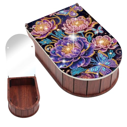 JZHYOAN Diamond Painting Cosmetic Storage Box with Mirror DIY Flower Flip Cover Wooden Storage Case for Diamond Art Rhinestone Decor Craft Organizer Handmade Art Desktop Decor Gifts for Lipstick - color: Golden flower