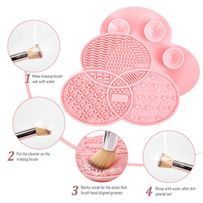 Makeup Brush Cleaning Mat & Drying Rack - 28 Holes Brush Holder, Silicone Rubber Clover Shaped Mat Cleaner - Black & Pink