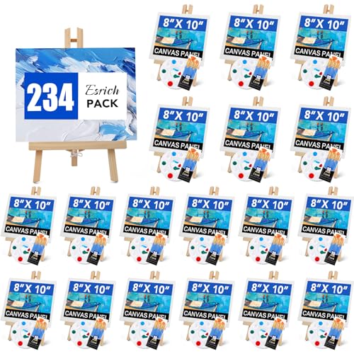 ESRICH 234 Pack Canvas with Easel Set 8 x 10 in Canvas Boards with 11.8 in Wooden Easels, Paint Brushes Canvas Panel Painting Kit for Acrylic Oil Watercolor Beginners Art Crafts Sip and Paint Party - style: 234PCS