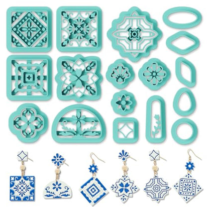 ORIGACH 17 Pcs Portuguese Peranakan Tiles Polymer Clay Cutters, Mediterranean Flower Frame & Tiles Design Clay Cutters for Polymer Clay Jewelry Earrings with a Clear Storage Box - style: Portuguese Peranakan Tiles