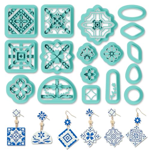 ORIGACH 17 Pcs Portuguese Peranakan Tiles Polymer Clay Cutters, Mediterranean Flower Frame & Tiles Design Clay Cutters for Polymer Clay Jewelry Earrings with a Clear Storage Box - style: Portuguese Peranakan Tiles