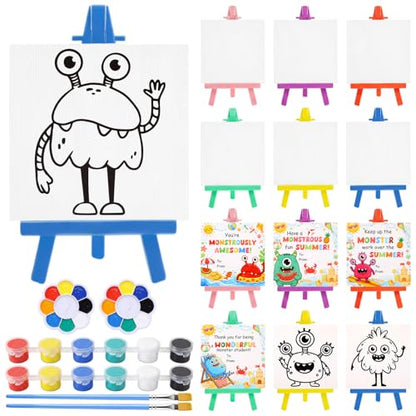 Eaasty 24 Set Mini Acrylic Paint Kit for Kids Monster Watercolor Painting Set Acrylic Paint Canvas Brushes Easel with Cards Bulk for Summer Themed Party Gifts Favor Kids Artists Beginner