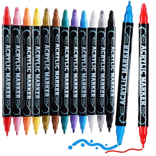 12 Colors Dual Tip Acrylic Paint Markers, Premium Dot & Fine Tip Coloring Paint Pens for Rock, Wood, Fabric, Canvas, Glass, Paper, Ceramic, Scrapbook, Vision Board and DIY Crafts Supplies Art Gifts - style: 12 Colors - old packaging