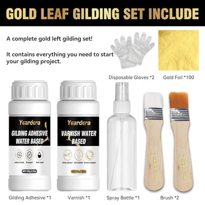 Yeardera Gold Leaf Kit, 100ml Gilding Adhesive and Varnish with 100 Gold Leaf Sheets for Arts, Crafts, Painting, Furniture, and Decoration