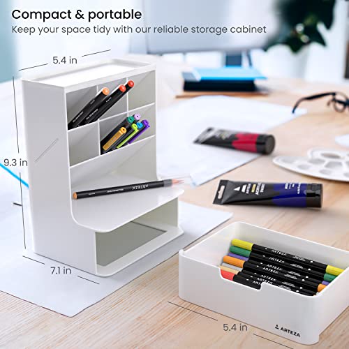 ARTEZA Desktop Pen and Marker Organizer, 6-Compartment White Pen Holder for Desk with Stationery Drawer, Makeup Organizer - style: 6-Compartment White
