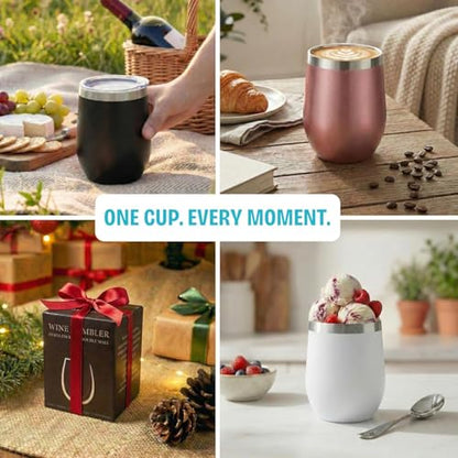 CHILLOUT LIFE 12 oz Stainless Steel Wine Tumbler with Lid - Double Wall Vacuum Insulated Wine Cup Glass Keeping Cold & Hot for Coffee, Champagne, Cocktails, Ice Cream - Powder Coated Navy Blue - color: Navy Blue, style: 1 Pack