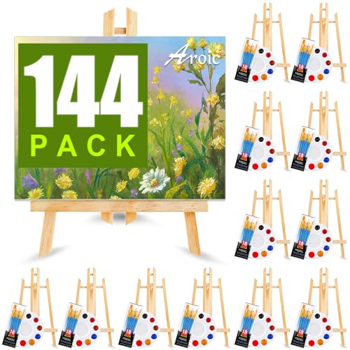 144 PCS Professional Painting Set, 12 PCS Wood Easels,12 Packs of 120 Brushes with Nylon Brush Head and 12 PCS Palettes, Painting Supplies kit for Kids & Adults Party. - style: 144Pcs(12 Sets)