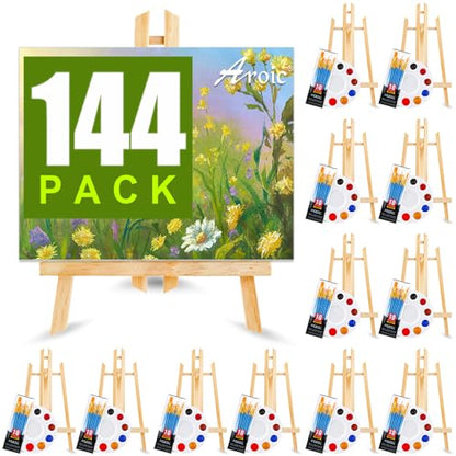 144 PCS Professional Painting Set, 12 PCS Wood Easels,12 Packs of 120 Brushes with Nylon Brush Head and 12 PCS Palettes, Painting Supplies kit for Kids & Adults Party. - style: 144Pcs(12 Sets)