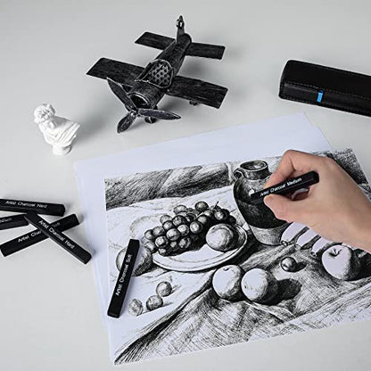 12 Pack Compressed Charcoal Sticks, Vine Charcoal Stick for Drawing, Sketching, Shading, Art Supplies Sketch Kits Tools Soft, Medium and Hard Grade - color: Black-12