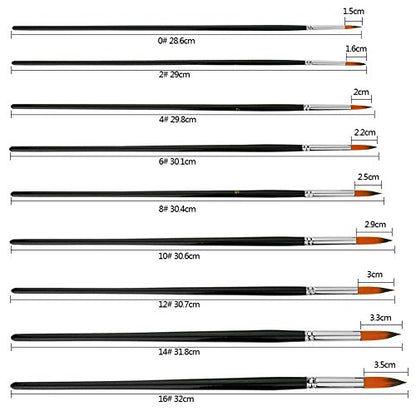 9pcs Round Pointed Tip Pony Hair Artists Filbert Paintbrushes | Watercolor, Paint Brush Set, Acrylic Oil Painting Brush, black