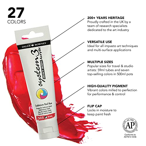 Daler Rowney System3 Cadmium Red Hue Heavy Body Acrylic Paint - 59ml Art Paint for Artists and Students - Artist Paint for Canvas Murals and More - Thick Acrylic Paint for All Skill Sets