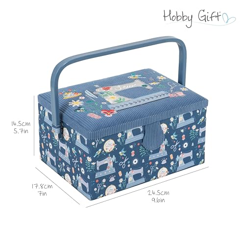 Hobby Gift Medium Sewing Box Organiser, Fabric Covered Storage Box with Handle, Internal Tray, Pin Cushion and Pocket for Sewing, Quilting and Knitting Supplies - color: Sewing Machines