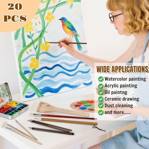 20 Pack Pottery Glaze Brushes, Wool Ceramic Brushes with Wood Handle, Soft Watercolor Goat Hair Blend Mop Brush Set for Acrylic Painting, Watercolor Oil Art Painting