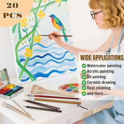 20 Pack Pottery Glaze Brushes, Wool Ceramic Brushes with Wood Handle, Soft Watercolor Goat Hair Blend Mop Brush Set for Acrylic Painting, Watercolor Oil Art Painting