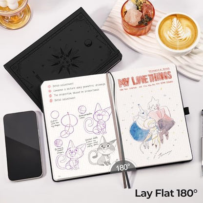 EMSHOI Dotted Journal Notebook, 320 Pages, A5 Small 5.75"x8.38", PU Leather Hardcover, 100 GSM Thick Paper, 5mm Dot Grid Notebook for Journaling, Planning, Drawing, Writing, Black - color: Black, size: A5 Dotted