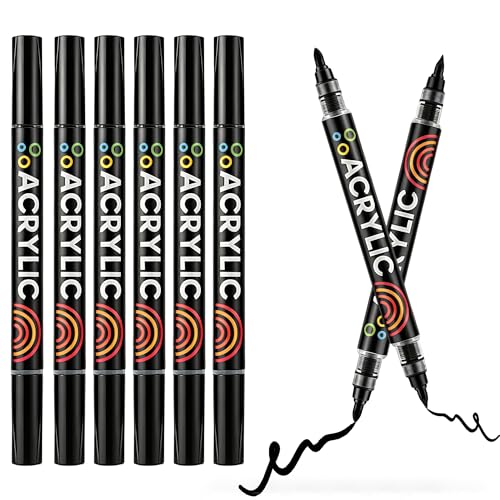 Black Dual Tips Acrylic Paint Markers - Fine Tip and Brush Tip Acrylic Paint Pens for Stone,Paper,Wood,Glass,Fabric Paint,DIY Crafts (6, Black) - color: Black