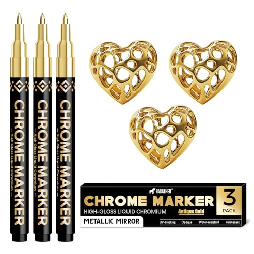 Pagather 3Pcs Chrome Paint Markers, Gold Color Permanent Mirror Liquid Chrome Pens for Plastic, Metal, Model, Jewelry, Wheel Painting, Touch Up & Repair Kit, DIY Art Projects - style: 3PCS Golds