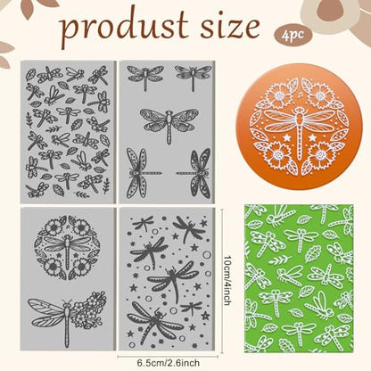4 Sheets Dragonfly Clay Texture Mat Leaves and Flowers Pattern Polymer Clay Texture Sheets DIY Tools for Pottery Earring Jewelry Making Stamp Engraving Machines, 4x2.6inch - style: Dragonfly