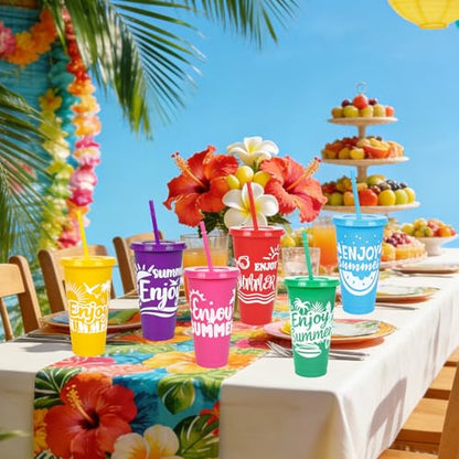 JarThenaAMCS 24 Pcs Summer Plastic Cups with Straw Lid 24 oz Cold Cups 6 Design Colorful Beach Party Plastic Tumbler for Summer Pool Party Home Office Supplies