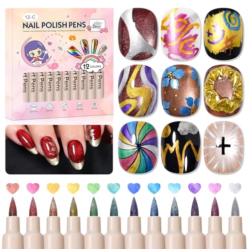12 Metallic Colors Nail Art Pens Set, 3D Nail Polish Pens Quick-Drying Acrylic Paint Markers, Dotting Liner Brush for DIY Nail Design, Home & Salon Manicure Tools, MarkerPen - color: Brown