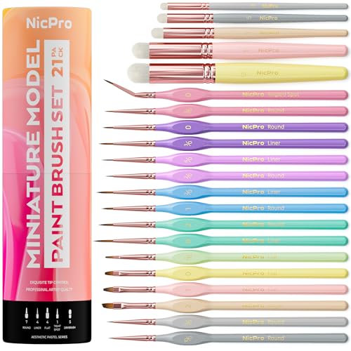 Nicpro 21PCS Fine Detail Paint Brush Drybrush Set, Aesthetic Pastel Fine Tip Miniature Paint Brushes for Acrylic Oil Watercolor, Crafts, 40K Models, Miniatures, Rock Painting, Paint by Numbers - size: 21 PCS