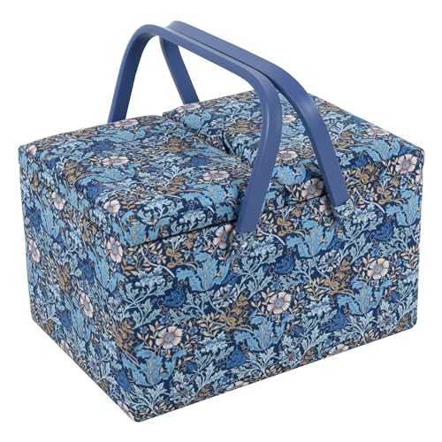 Hobby Gift Large Twin Lid Sewing Box Craft Storage Box with Handle Internal Tray Pin Cushion and Pockets for Sewing Knitting and Hobby Supplies - color: Woodblock Floral, size: 12 x 8.3 x 7.7 inches