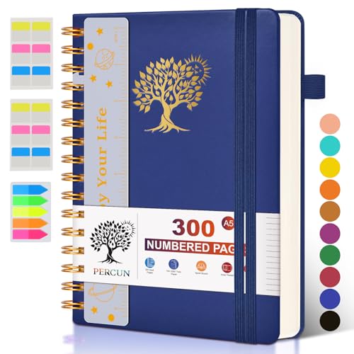 PERCUN Spiral Notebook 300 Numbered Lined Pages Hardcover Journal 5.9"x8.5" | College Ruled Spiral Bound Notebook with Tabs, A5 Leather Journal for Women Men, Work, School, Travel, Writing & Note Taking - color: Navy, size: A5 size (5.9in x 8.5in)