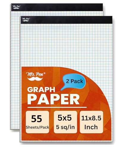 Mr. Pen- Graph Paper Pad, 8.5x11 Inches, 5x5 (5 Squares per Inch) | 2 Pack of 55 Sheets, Ideal for Math, Graphing and Sketching, Grid Paper for Students, Engineers, Artists - color: White, size: 2 Pack 11"x8.5", 5 sq/in