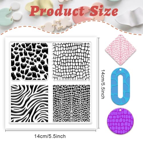Mix Polymer Clay Texture Sheet Zebra Crocodile Snake Giraffe Silicone Texture Stamp Sheets Clear Texture Mat Modeling Pad Reusable for Scrapbook Polymer Clay Pottery Earrings Jewelry Making - style: Popular Animal Patterns