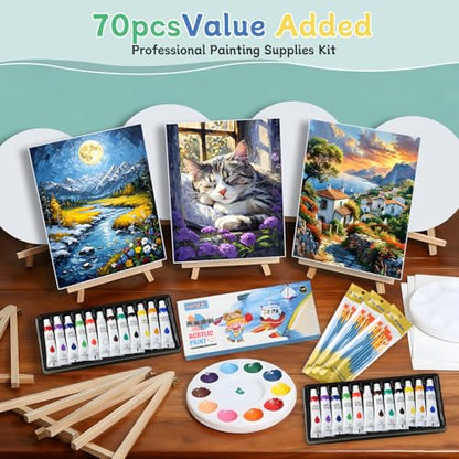 70pcs 8x10 8x8 Inch Painting Supplies Kit, 8Pack Art Canvas Bulk with Easel Stand, 12 Colors Mini Acrylic Paint Set, Small Paint Brushes, Paint Trays, Painting Kit