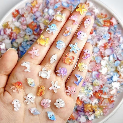 200Pcs Ocean Mini Resin Nail Art Charms Tiny Sea Animal Nail Rhinestones Shell Octopus Starfish Crab Nail Charm Cute Ombre Seahorse Nail Diamond 3D Colorful Summer Nail Supplies for Beach DIY Manicure - color: yellow