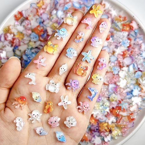 200Pcs Ocean Mini Resin Nail Art Charms Tiny Sea Animal Nail Rhinestones Shell Octopus Starfish Crab Nail Charm Cute Ombre Seahorse Nail Diamond 3D Colorful Summer Nail Supplies for Beach DIY Manicure - color: yellow