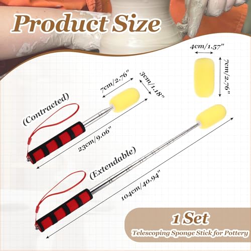 PATIKIL 41" Telescoping Sponge Stick for Pottery, Retractable Ceramic Sponge Tool with 2pcs Head for Removing Excess Water from Tall and Narrow Pottery, Yellow/Red(1.18/1.57"W) - color: Yellow/Red