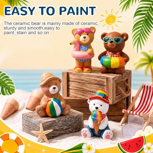 Soulchen 17 Pcs Paint Your Own Summer Beach Bear Ceramic Paint Craft Set Include 12 Unpainted Ceramic Bears 2 Strips of Paints with 2 Brushes 1 Palette Toys Gift for Birthday - style: Summer Bear