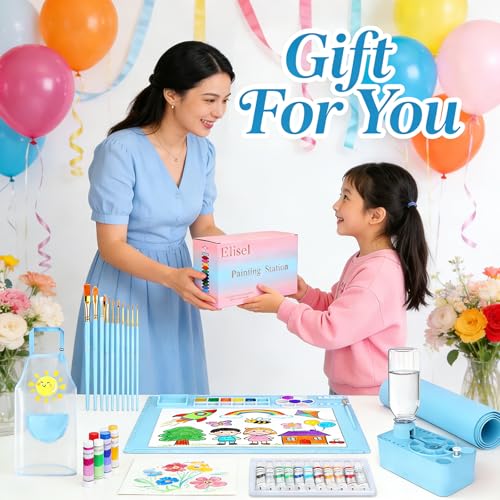 Elisel Painting Station,5 IN 1 Art Paint Supplies Kits,Paint Brush Cleaner (Upgraded),Silicone Painting Mat 12 Colors Paint Set,10 Paint Brushes,Painting Apron for Kids Artist Beginners (Blue, 5) - color: Blue