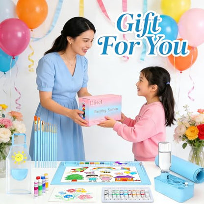 Elisel Painting Station,5 IN 1 Art Paint Supplies Kits,Paint Brush Cleaner (Upgraded),Silicone Painting Mat 12 Colors Paint Set,10 Paint Brushes,Painting Apron for Kids Artist Beginners (Blue, 5) - color: Blue