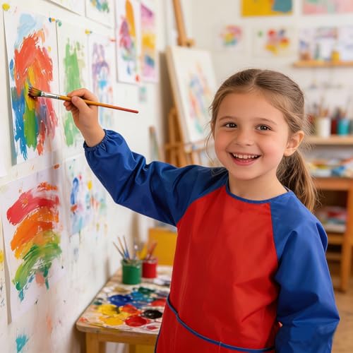 2 Pack Kids Art Smock Waterproof with Long Sleeve and 3 Roomy Pockets Artist Children Aprons for Toddlers Age 3-8 Painting Crafts（Green+ Red） - color: 2 Pack Green+ Red