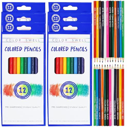 Color Swell Bulk Colored Pencils – 6 Sets, 72 Pre-Sharpened Assorted Vibrant Colors – Ideal for Kids, Teachers, and Classroom Supplies - size: 6 Packs / 72 Colored Pencils