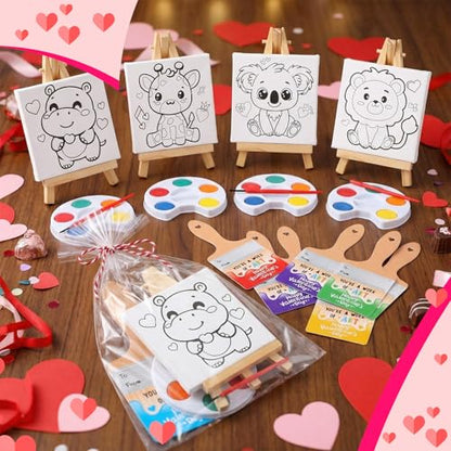 Skyygemm 24 Sets Valentines Day Gifts for Kids Valentines Cards Mini Painting Canvas Panel with Wooden Easel Watercolor Paints Brush Kit for School Classroom Exchange Gifts(Animal) - style: Animal
