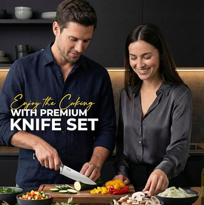 Kitchen Knife Set with Block, 15-Piece Stainless Steel Chef Knife Set, Kitchen Knives with Steak Knives, Honing Rod & Kitchen Scissors, Knife Block Set