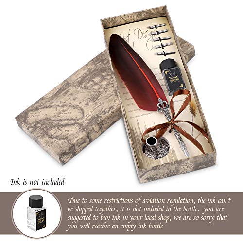 Quill Pen, Hand Made Antique Quill Dip Pen, Calligraphy Writing Pen for Students Officer, Write Smoothly, Executive Gift with Empty Ink Bottle, 6 PCS Nib for Art