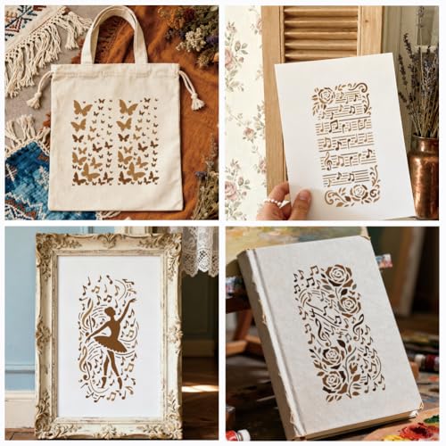 12 Sheets Musical Note Stencils for Painting, 12 Styles Musical Note Butterfly Flower Leaf Dancer Drawing Templates Plastic Art Templates for Painting on Wall Wood Home Decor - style: Melody Ballet