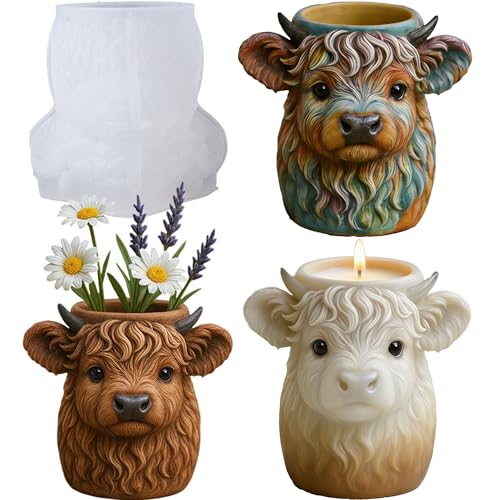 1Pc Highland Cow Epoxy Resin Silicone Mold, Farm Animal Candle Holder Jar Mold for Concrete Casting DIY Flower Pot Pen Holder Succulent Home Decor Storage Box Organizer Art Gifts Reusable - color: Highland Cow Resin Mold