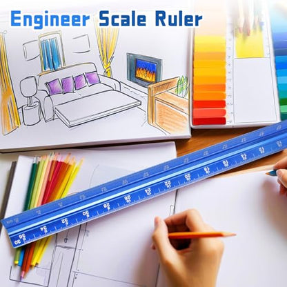 Biaungdo 3 Pack Architectural and Engineer Scale Ruler Set, 12 Inch Aluminum Triangular Drafting Tool, Laser-Etched Architect Scales Ruler for Draftsman, Standard Metal Ruler Included, Blue