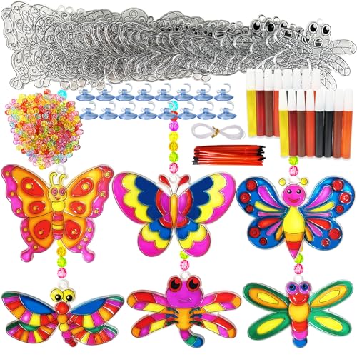 Ayhuhra 30 Sets Butterfly Suncatchers Crafts Kit Dragonfly Suncatcher DIY Window Paint Art Suncatcher Kits for Spring Summer Easter Party Activities Art Project Party Favors - style: Butterfly