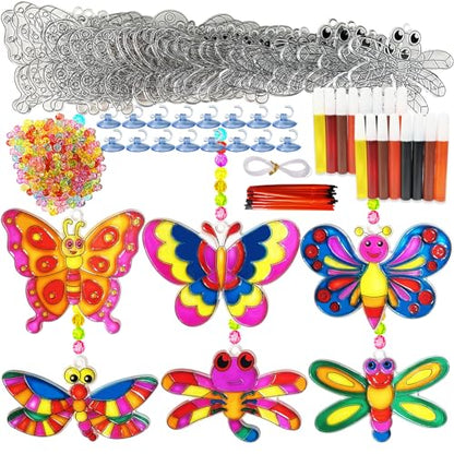 Ayhuhra 30 Sets Butterfly Suncatchers Crafts Kit Dragonfly Suncatcher DIY Window Paint Art Suncatcher Kits for Spring Summer Easter Party Activities Art Project Party Favors - style: Butterfly