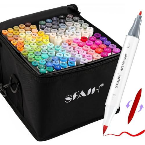 SFAIH Alcohol Markers Brush & Fine - 121 Colors Double Tipped Art Markers for Adult Coloring Illustration, Gifts for Artist Adult - Adjustable Shoulder Strap & Faux Leather Lining & Outer Zip Pocket - style: Brush & Fine