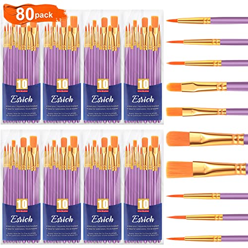 ESRICH Acrylic Paint Brushes Set, 8 Packs/80 Pcs, Nylon Brush Head, Suitable for Acrylic, Oil, Watercolor, Rock Body Face Nail Art,Perfect Suit of Art Painting(Purple) - color: Purple, size: 80