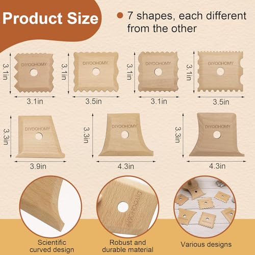 DIYOOHOMY 7 Pcs Pottery Ribs Set, Pottery Tools Supplies | Wooden Clay Shaper Trimming Tools, Texture Ribs for Smoothing, Shaping, and Carving, Ideal for Mud Throwing, and Ceramic DIY - color: wood-7