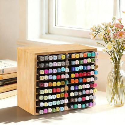 Bamboo Marker Holder Organizer, 126 Pens Capacity, 18 Compartments, Art Supply Storage for Alcohol Markers, Pens, Pencils